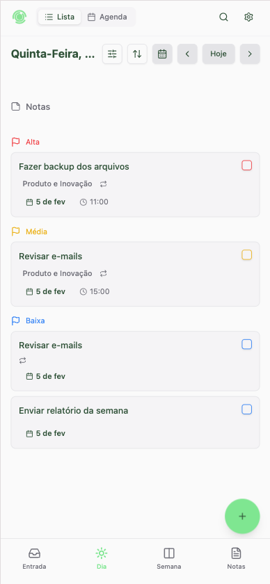 Planko 2.0 no celular mostrando visão diária com tarefas organizadas por horário