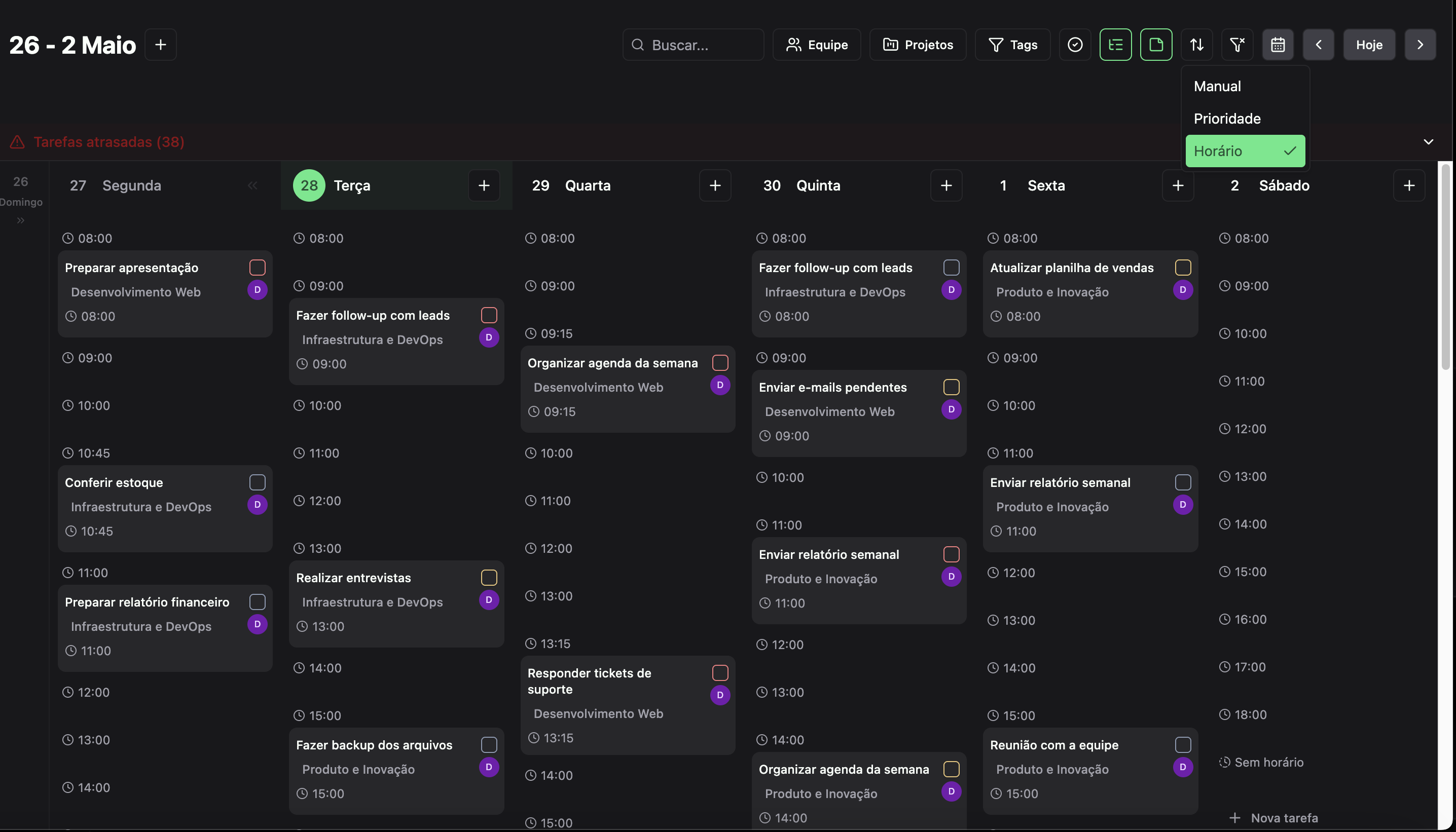 Ordenação por horário no Planko mostrando tarefas organizadas por faixa horária na visão diária