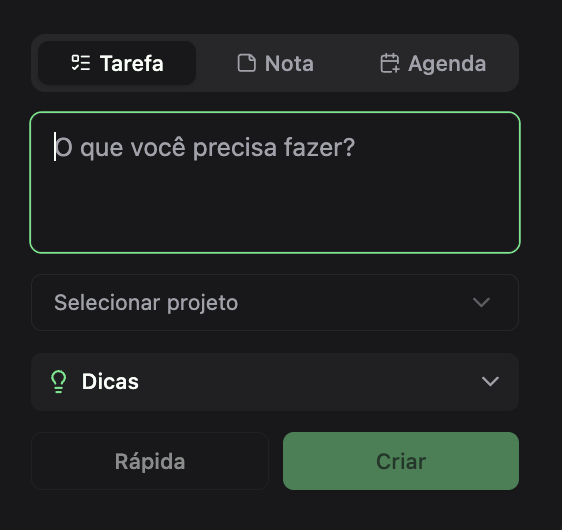 Tabs de criação no Planko mostrando as opções Tarefa, Nota e Google Agenda