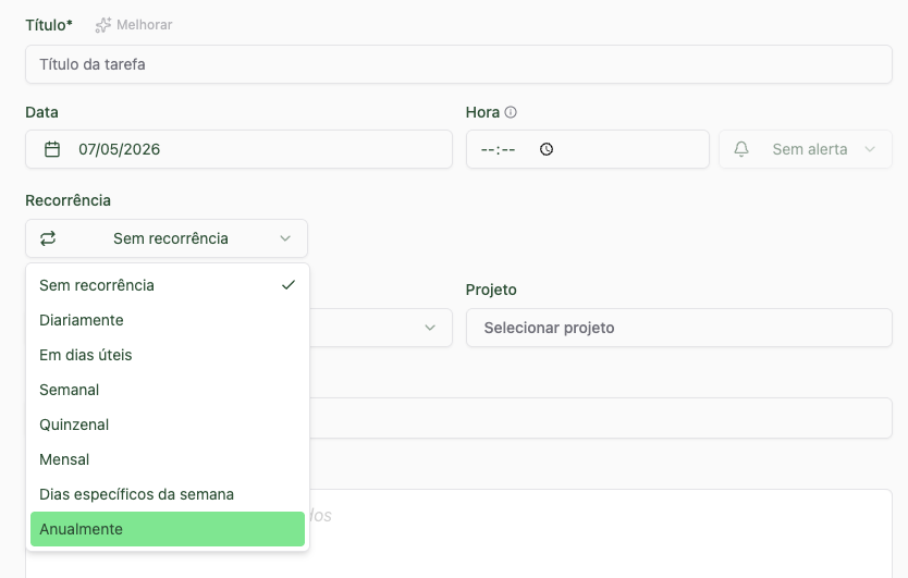 Recorrência Personalizada de tarefas no Planko
