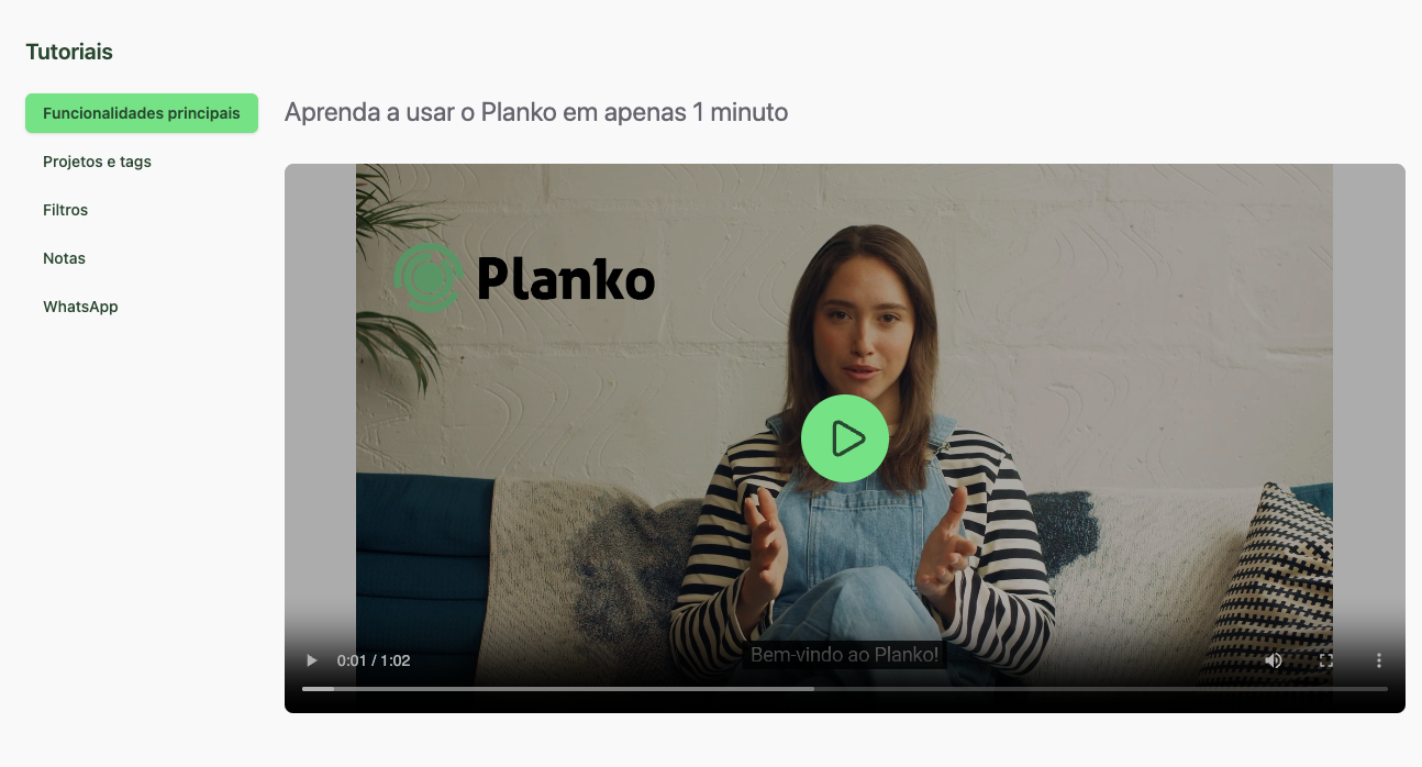 Página de tutoriais em vídeo do Planko mostrando vídeos organizados por categoria