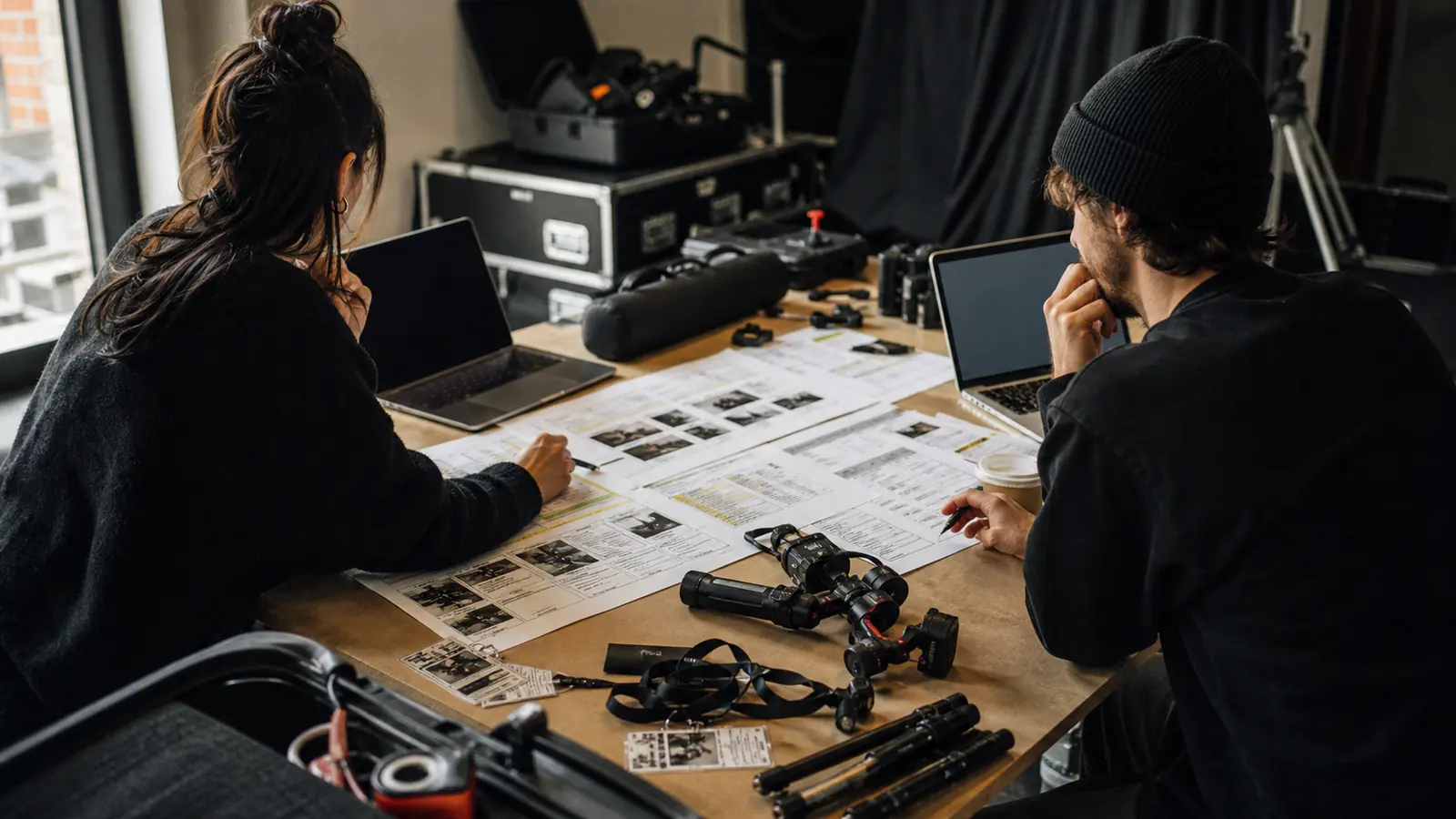 Zwei nicht erkennbare Personen planen an einem Arbeitstisch eine Gaming-Creator-Kampagne mit Kameraequipment, Storyboards und Produktionsunterlagen.
