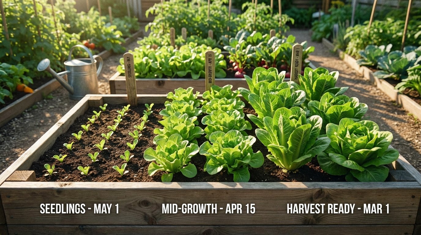 Raised bed showing leafy greens at various growth stages from seedling to harvest-ready