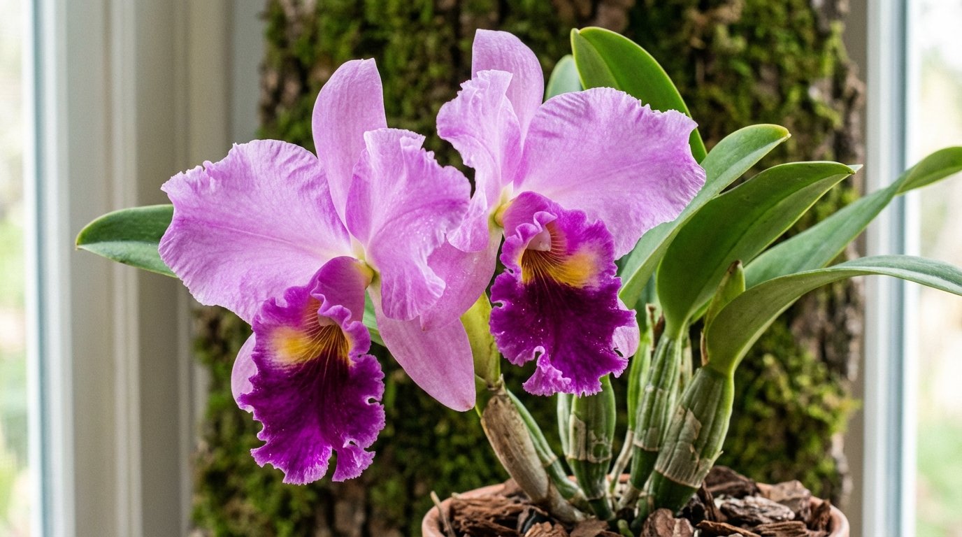 Large lavender-pink ruffled corsage orchid flowers with prominent lip