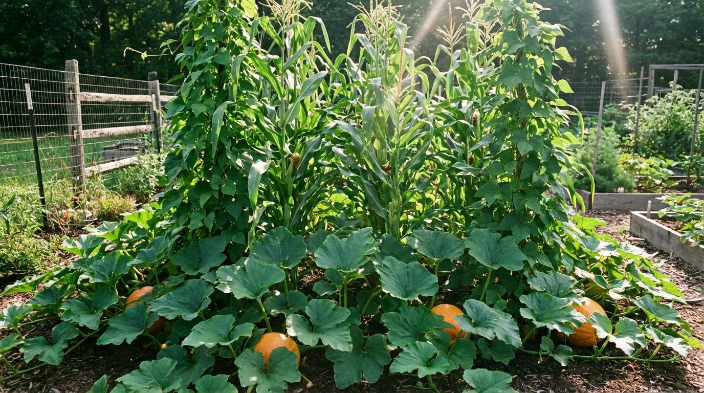 Traditional trio planting method with tall stalks, climbing vines, and broad ground cover leaves