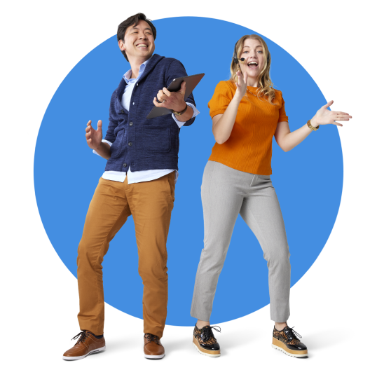 Image of a cheerful man holding a tablet, next to a cheerful woman with a headset