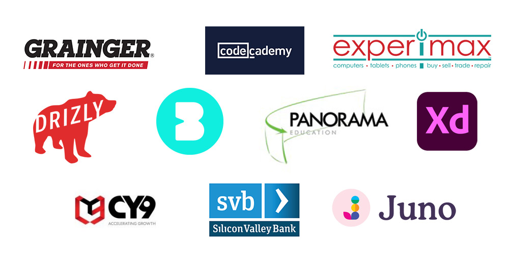 Sponsor logos &ndash; Grainger, Experimax, Drizly, Panorama Education, Bevy, Join Juno, Adobe XD, Codecademy, Silicon Valley Bank, Cy9