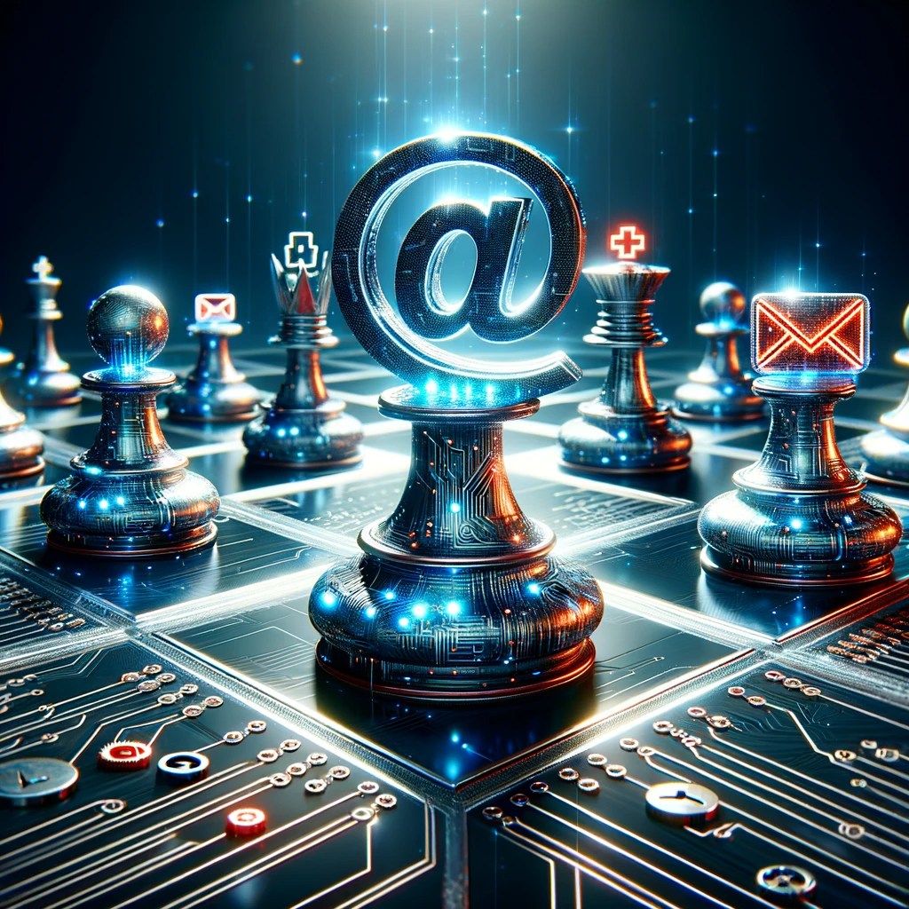 DALL E 2023 11 02 14 45 19 Photo of a dramatic high tech chessboard scene where two grand chess pieces are in focus The first chess piece should be designed like a glowing s