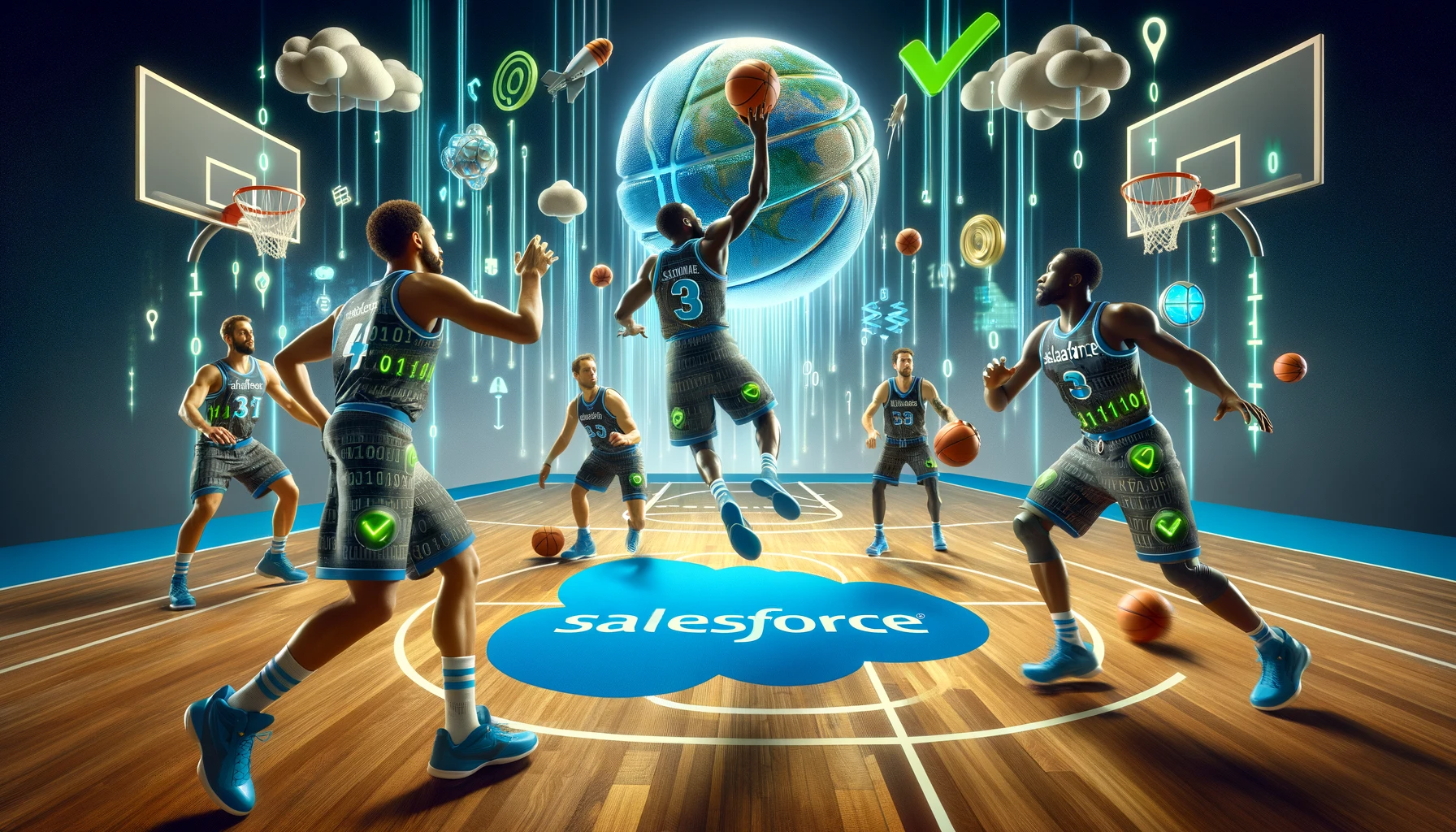 DALL E 2023 11 08 11 37 25 Envision a dynamic basketball court scene where two teams are competing embodying the concept of cloud data management within a Salesforce theme The
