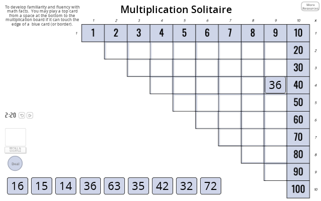 Multiplication Solitare Math gr 3+