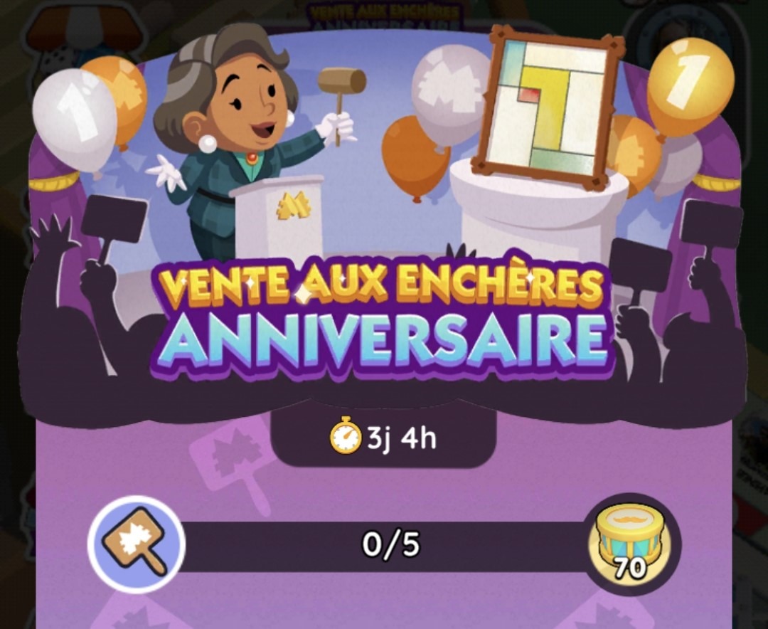 Vente aux Enchères Anniversaire Monopoly GO : Récompenses et étapes