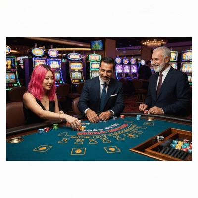 Diverse casino games like blackjack, poker, and slot machines on a table, with people interacting, no text, no words, no typography, clean image