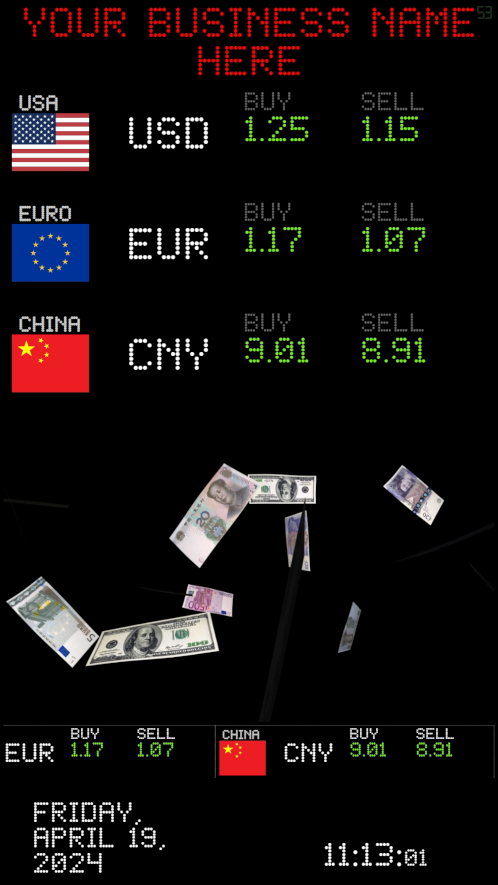 digital signage template: currency signage with video animation. tba