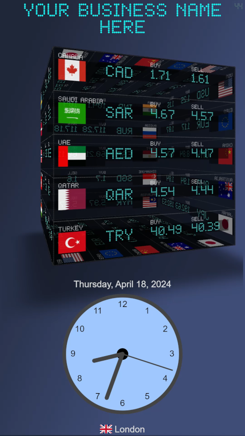 digital signage template: cube clock. Currency data with a 3d cube and analog clock, 
