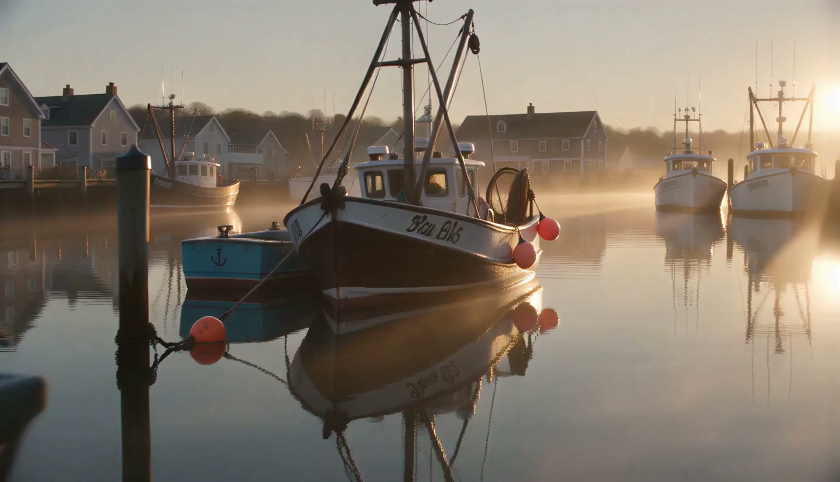 SeedVR2 output, 1080p: slow drone pass over a New England fishing harbor at dawn, lobster boats, ropes and buoys, clapboard houses along the shore