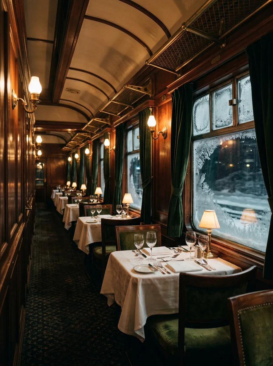 Reference photo: the interior of a vintage dining car, brass lamps, dark wood, white tablecloths