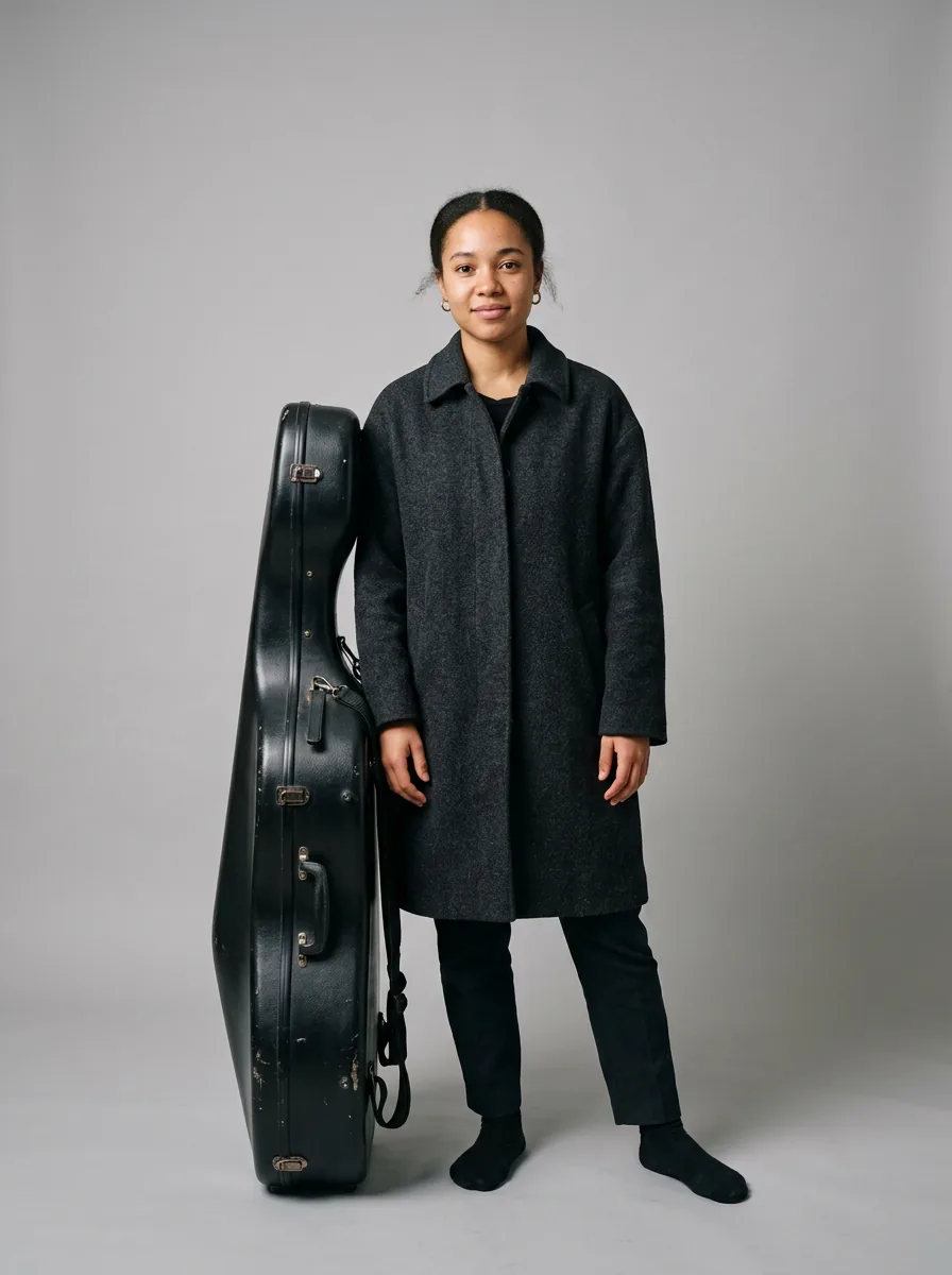 Reference photo: a young woman in a dark wool coat holding a cello case, studio backdrop