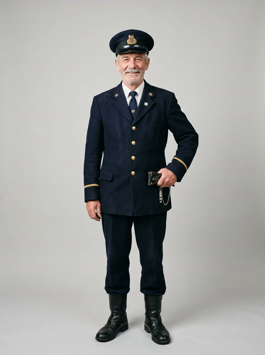 Reference photo: a conductor in his sixties with a grey moustache, navy uniform, studio backdrop