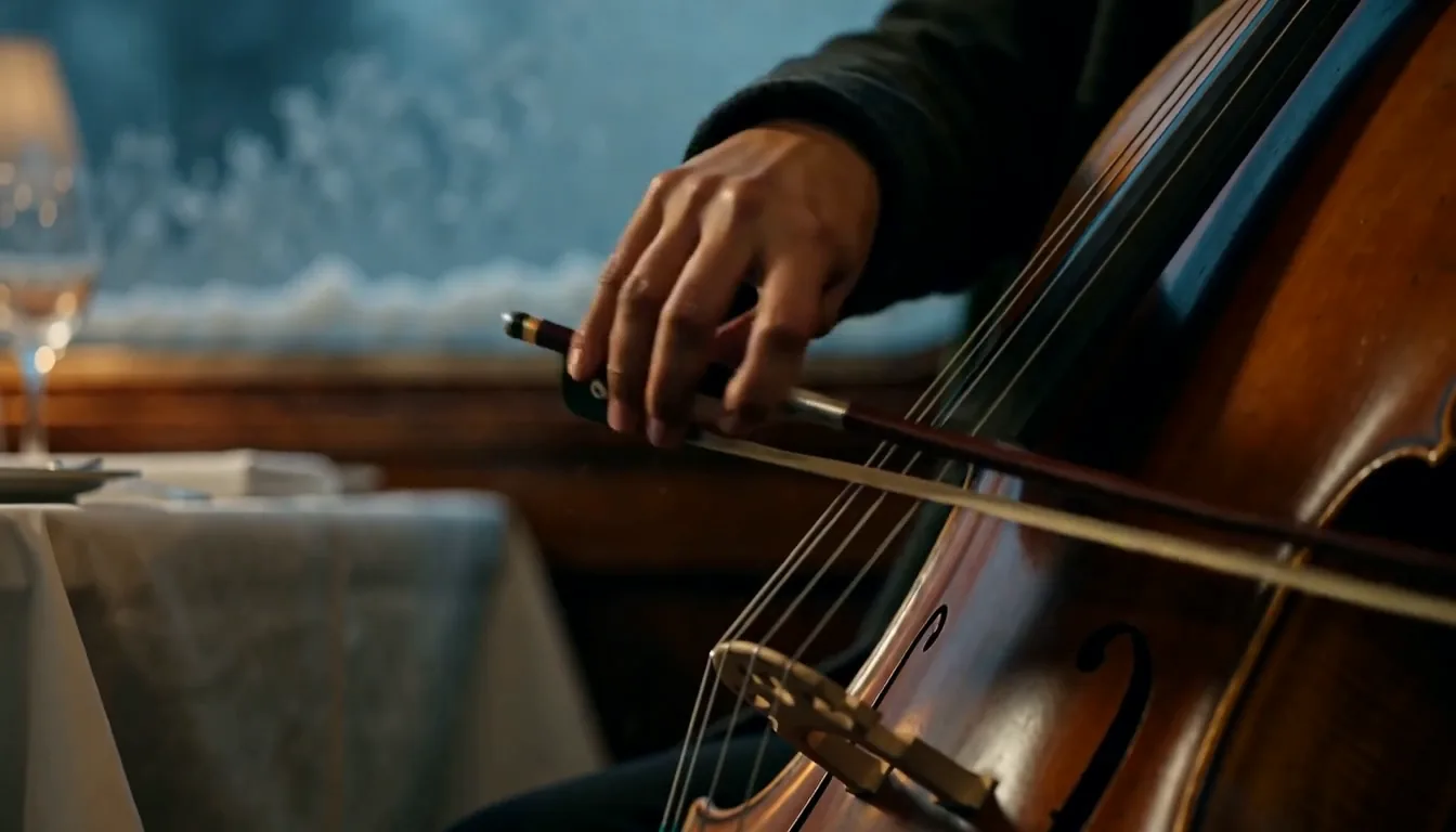 First frame of shot 2: a cello bow on the strings under warm lamp light