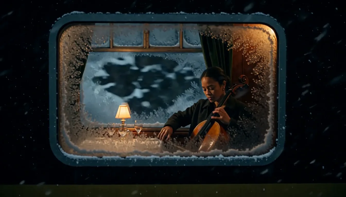 First frame of shot 3: a frosted window of the moving train with the cellist lit inside