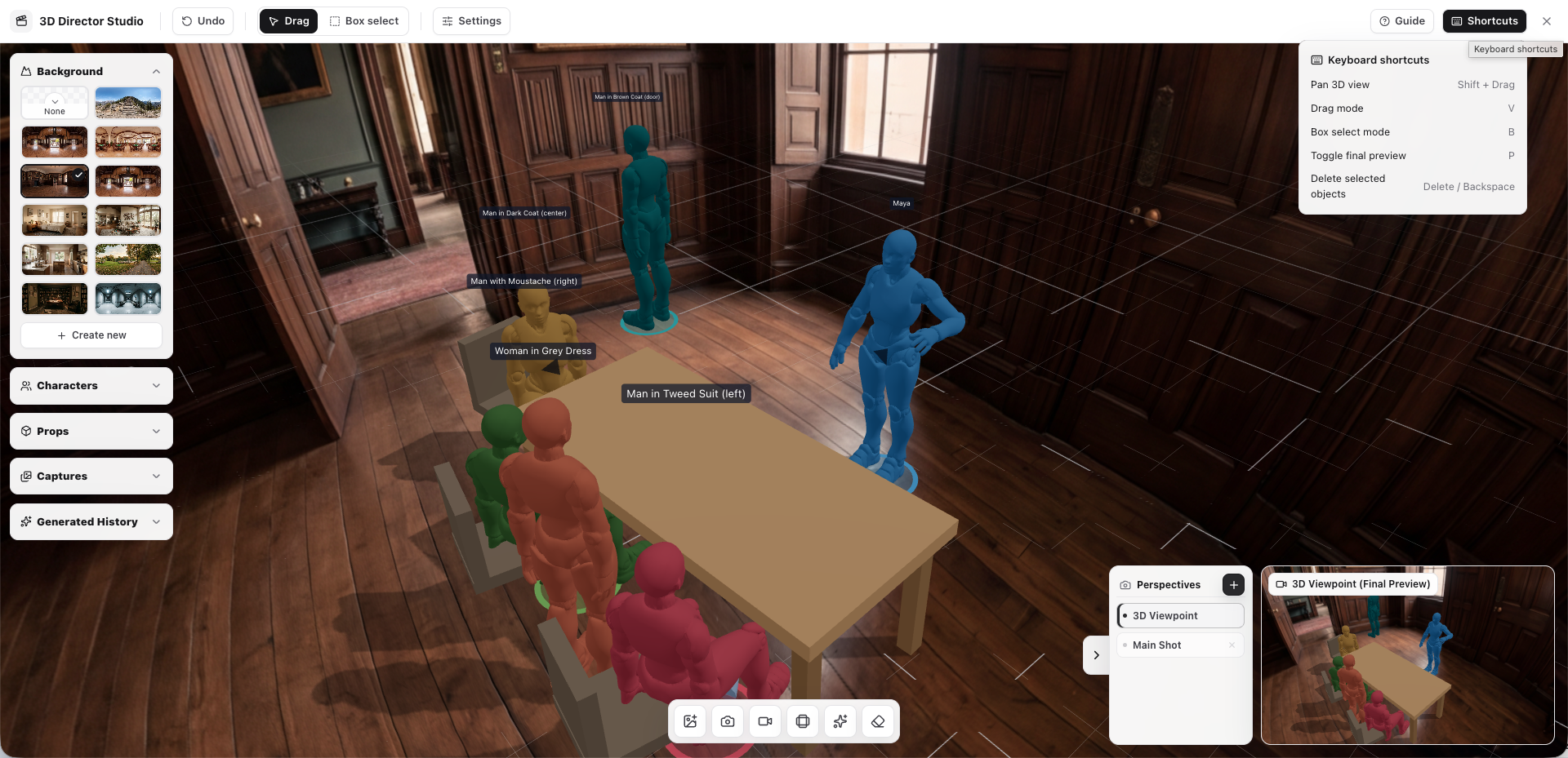 Adjusting camera direction in Plot Party Director Studio before sending the shot to an AI video model