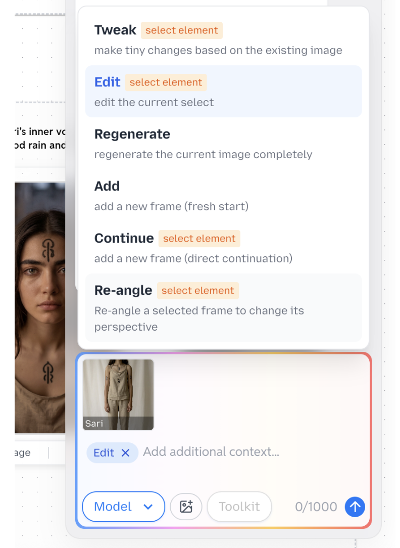 Toolkit options including Tweak, Edit, Regenerate, Add, Continue, and Re-angle