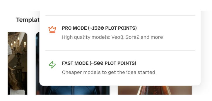 Pro Mode and Fast Mode selection showing plot point costs