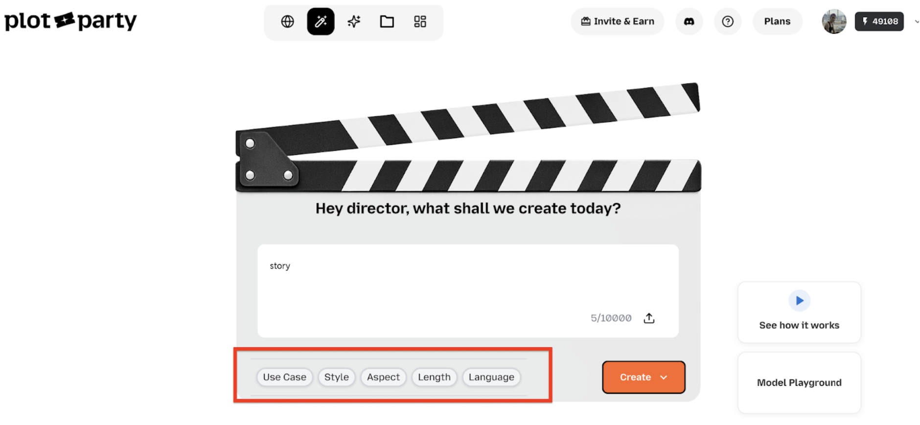 Plot Party story creation screen showing Use Case, Style, Aspect, Length, and Language settings