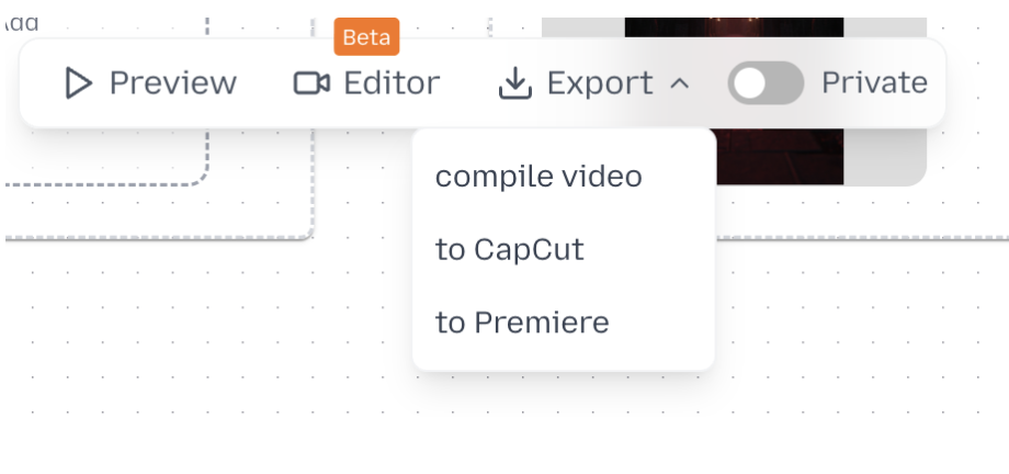 Export menu showing compile video, CapCut, and Premiere export options