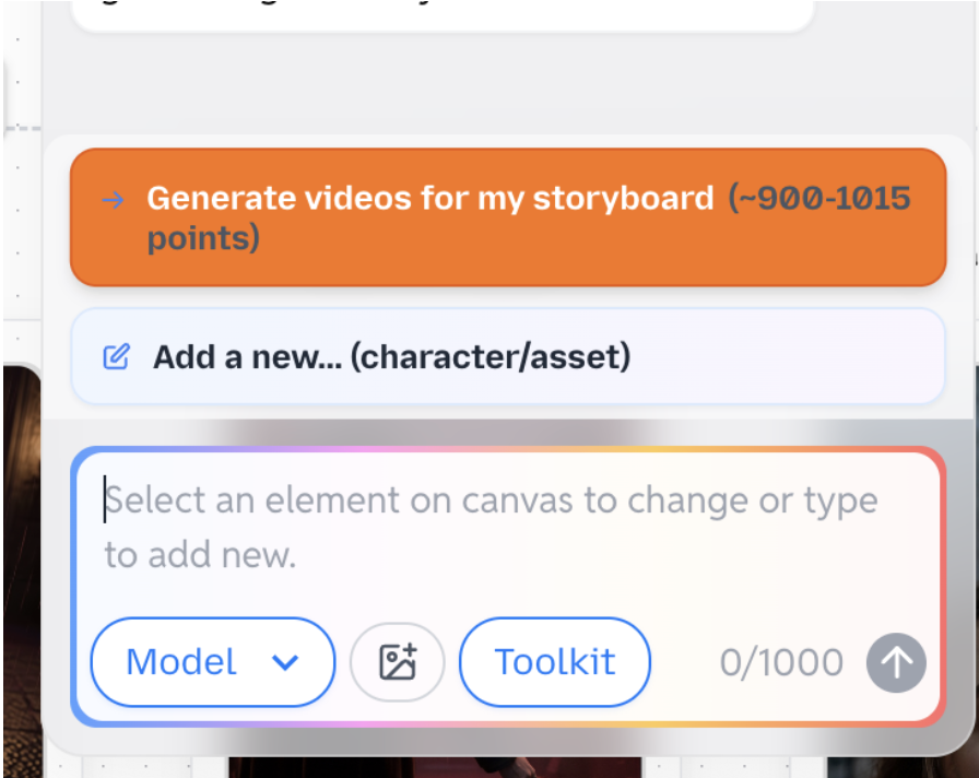 Generate videos for my storyboard button with point cost estimate