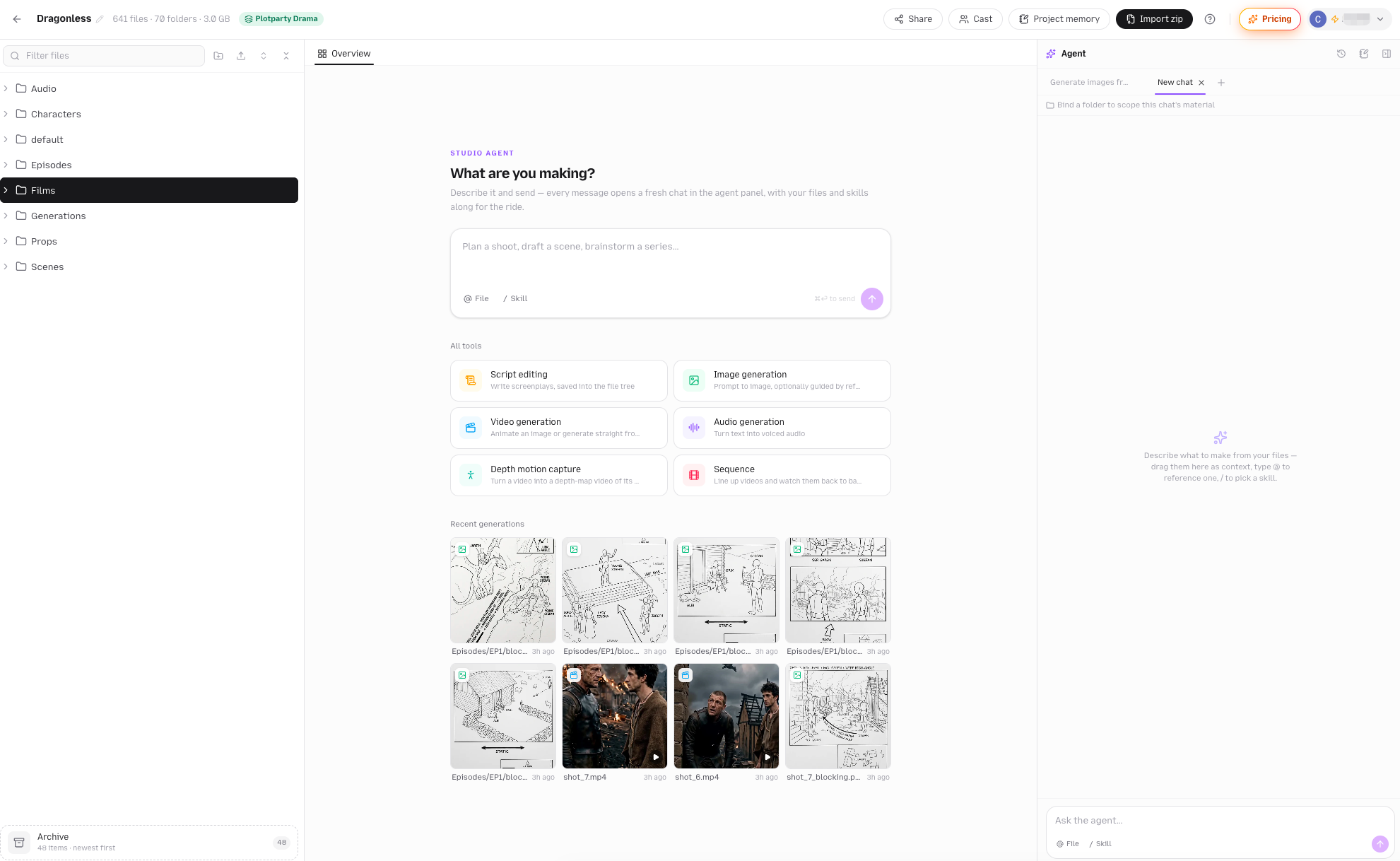 Plot Party Studio: the file tree on the left, the Overview tab with "What are you making?" in the middle, and the agent panel on the right