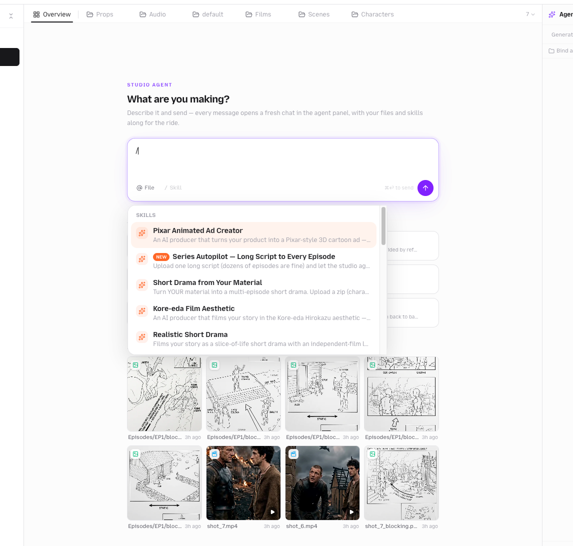 The skill picker with Series Autopilot and the rest of the catalog