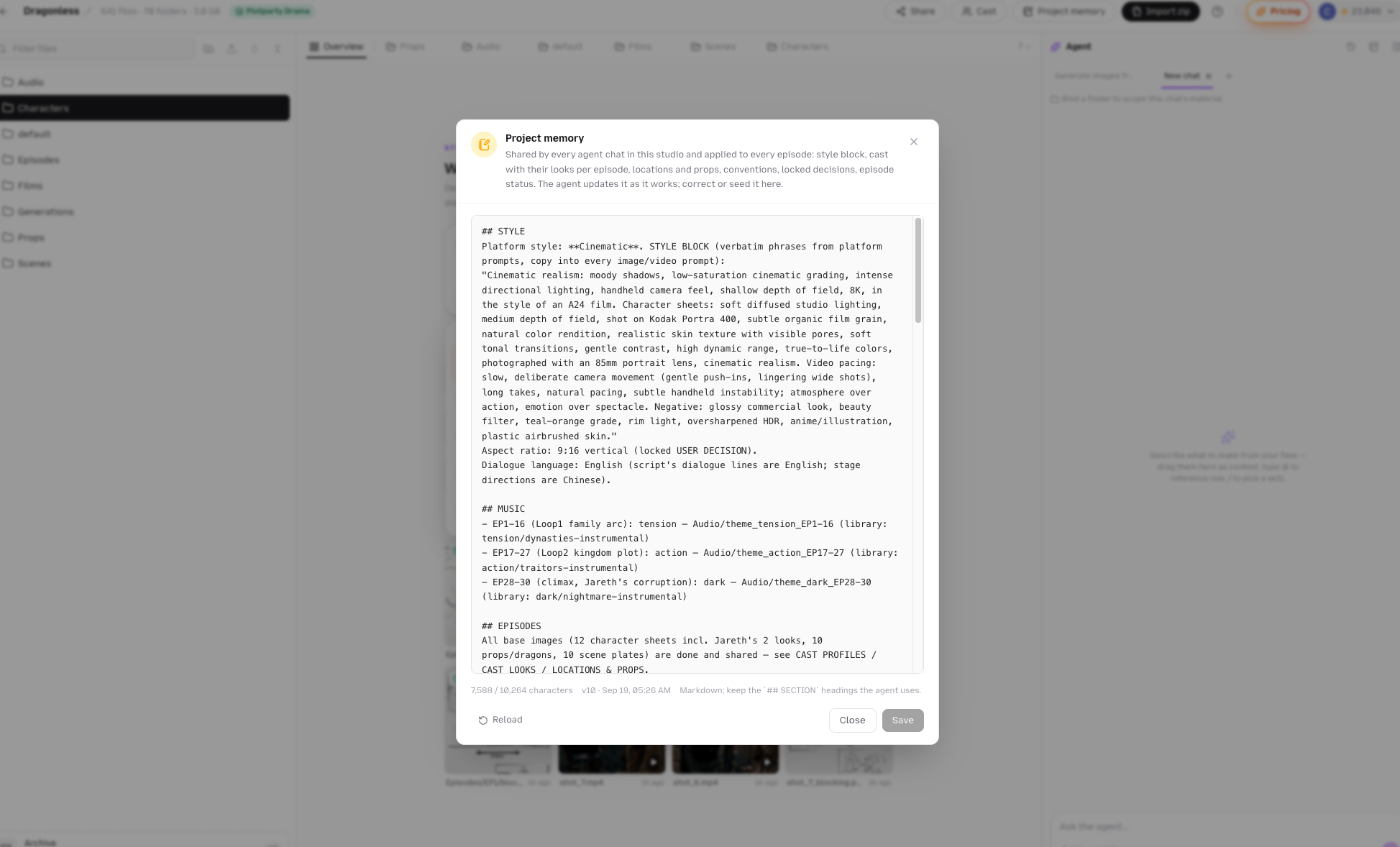 The Project memory dialog with style, cast, locations, decisions, and episode sections