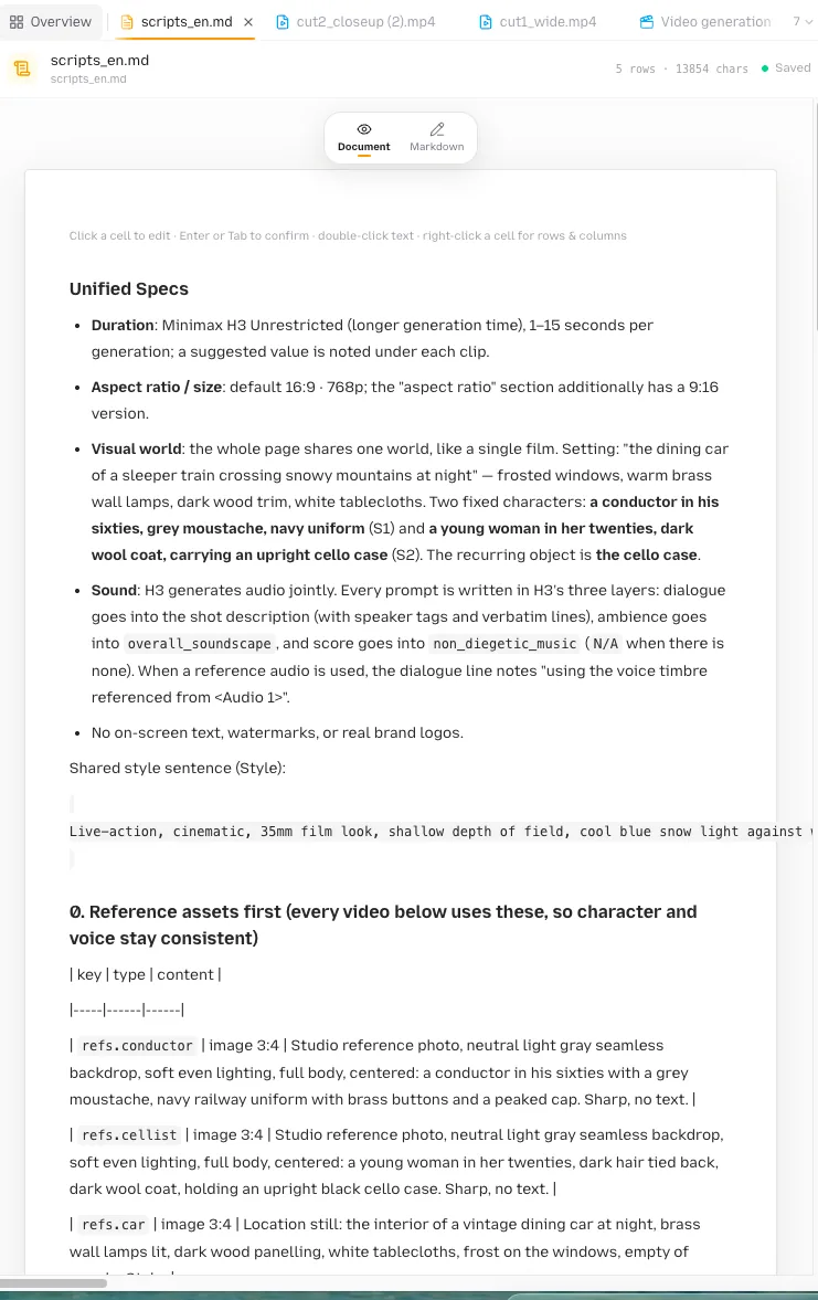 Script editing: Document view for reading and cell-by-cell edits, Markdown view for the raw source. The Script editing workspace in Document view with the Autoformat button