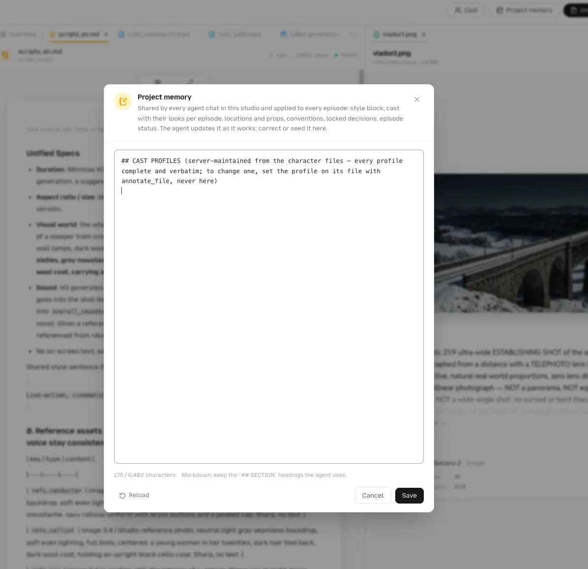 Project memory is the notebook every chat in the studio shares. Correct it here and the agent sees the edit on its next turn. The Project memory dialog: a markdown editor with ## SECTION headings, a character count and Save