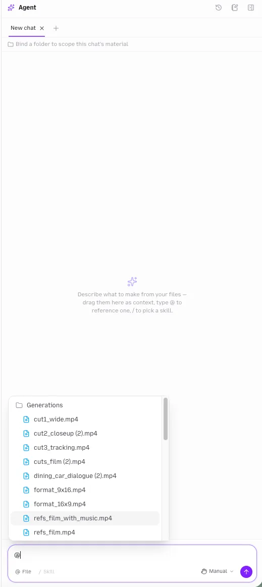 Type @ to reference a file, / to bind a skill, and pick Manual or Auto from the mode menu. The agent composer with an @ file mention, a bound skill chip and the Manual / Auto mode menu open