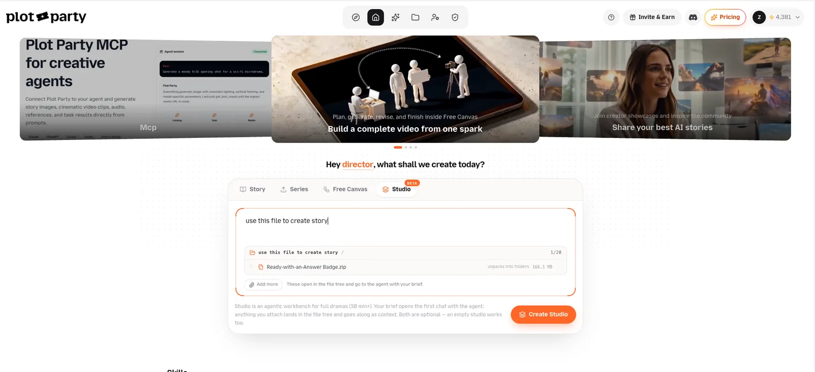 The Studio tab on the home page. Type your brief, attach a zip or loose files, and click Create Studio. The home page create box on the Studio tab: a brief typed in, a zip attached below it, and the Create Studio button
