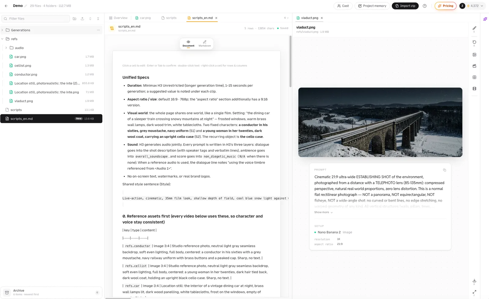 Drag a tab to the right edge of the stage to open a second pane. Two stage panes side by side, a script on the left and a still on the right