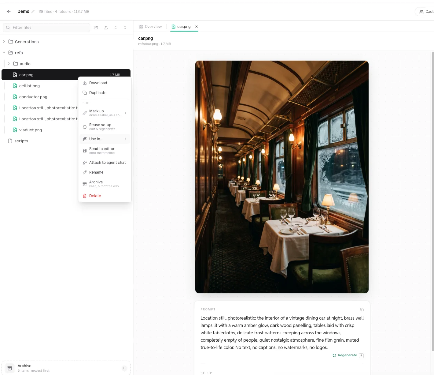 Right-click any file for Mark up, Reuse setup, Use in…, Send to editor, Attach to agent chat and more. The file tree's right-click menu on an image file