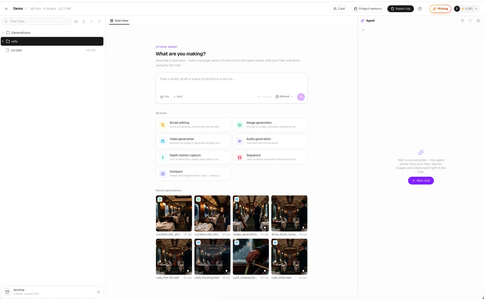 The three columns of the workbench. The header holds the studio name, Share, Cast, Project memory and the tour button. The Studio workbench: file tree on the left, stage in the middle, agent panel on the right