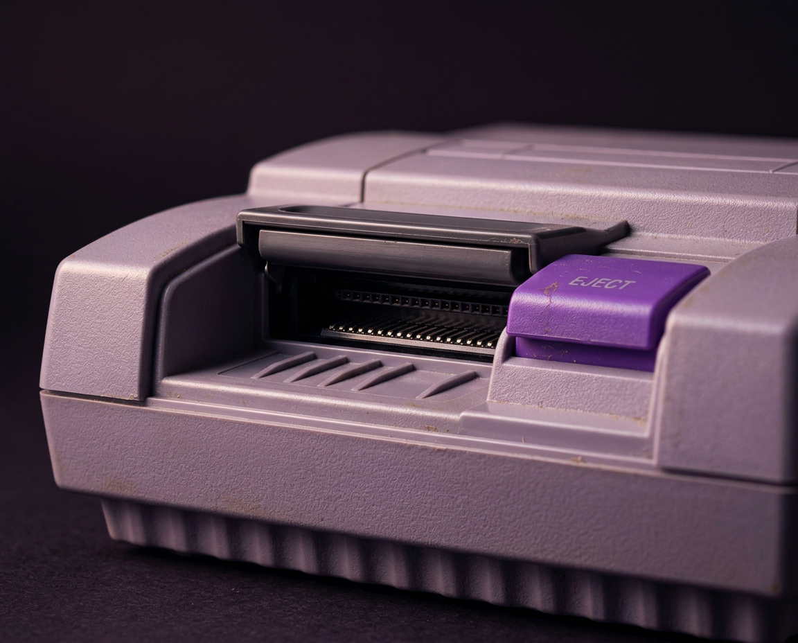 Macro detail of the Super Nintendo cartridge slot with its purple eject button.
