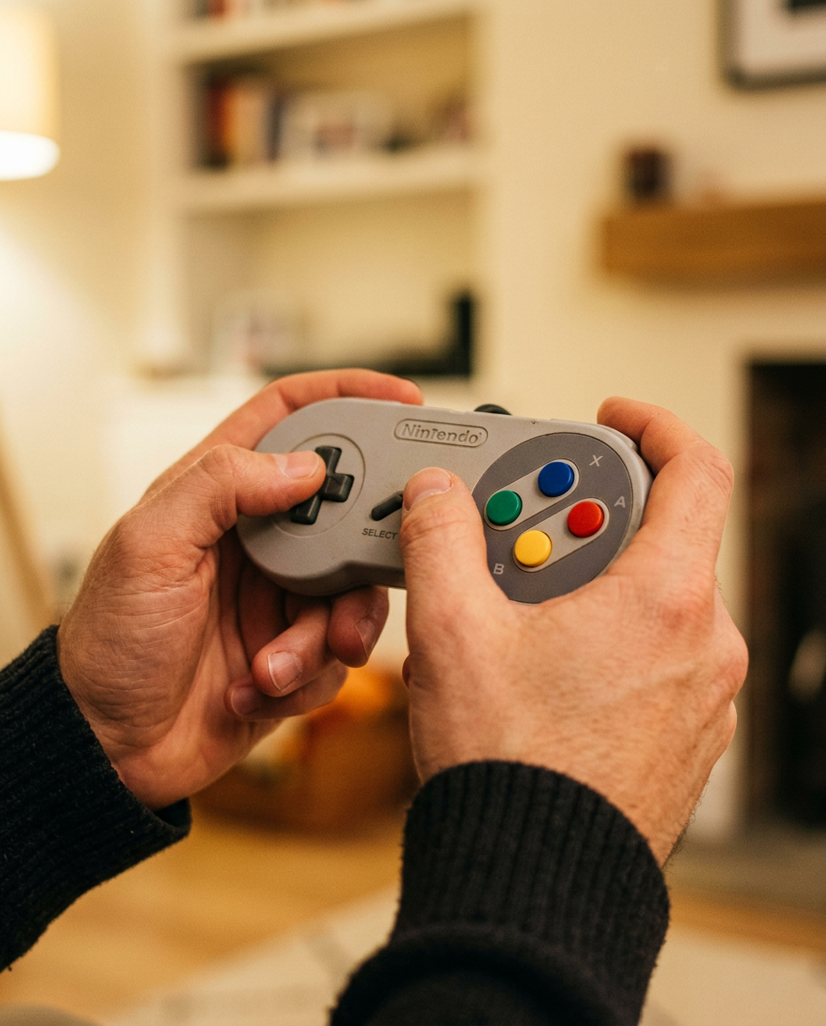 Two hands holding a classic Super Nintendo controller, thumbs on the d-pad and the four colored face buttons.