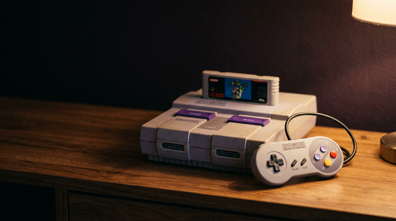 A vintage Super Nintendo console with a controller resting on a wooden sideboard, lit by a warm lamp.