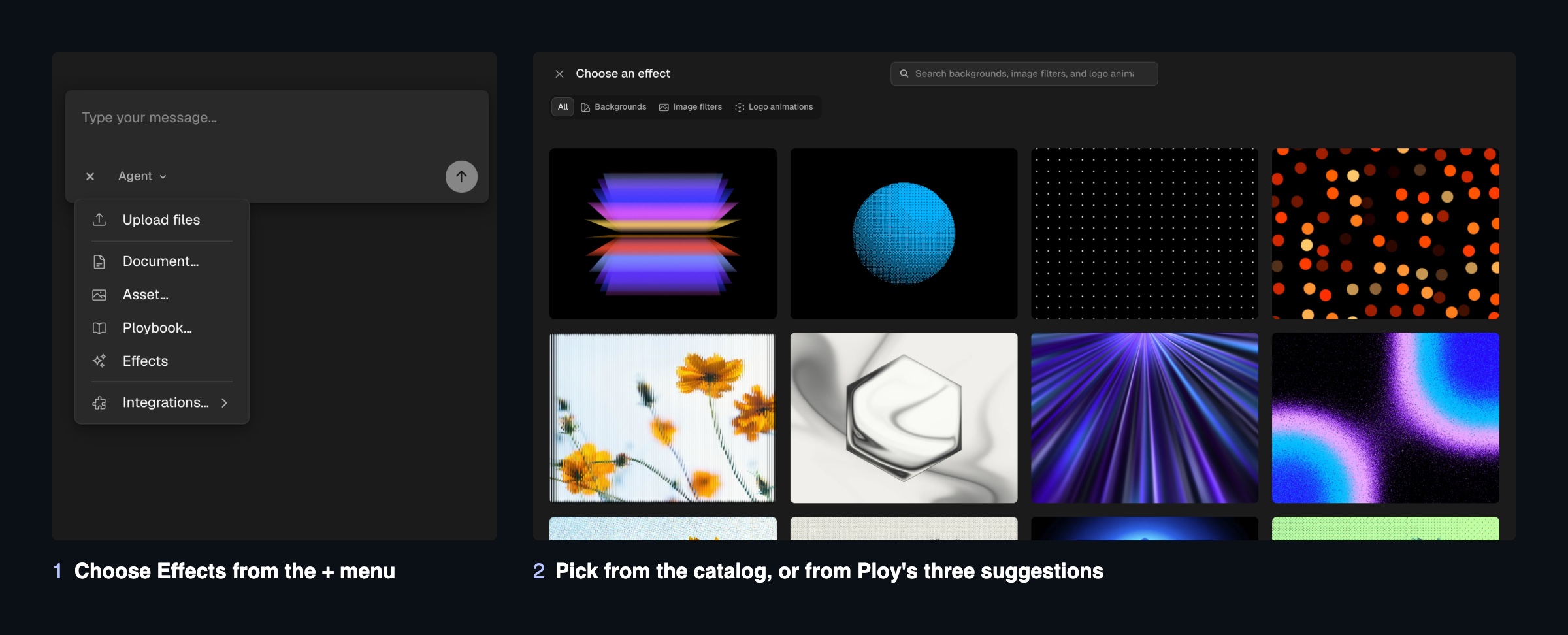 The Effects row in the chat's + menu, and the effects catalog with its Backgrounds, Image filters, and Logo animations tabs