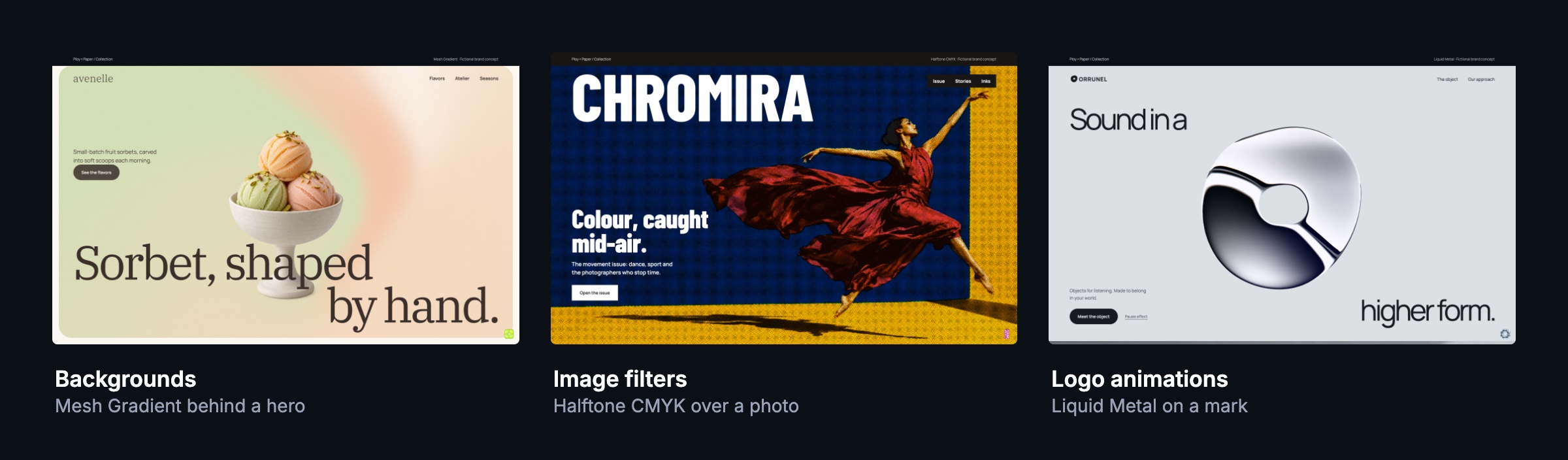 One example of each kind: a Mesh Gradient background, a Halftone CMYK image filter, and a Liquid Metal logo animation