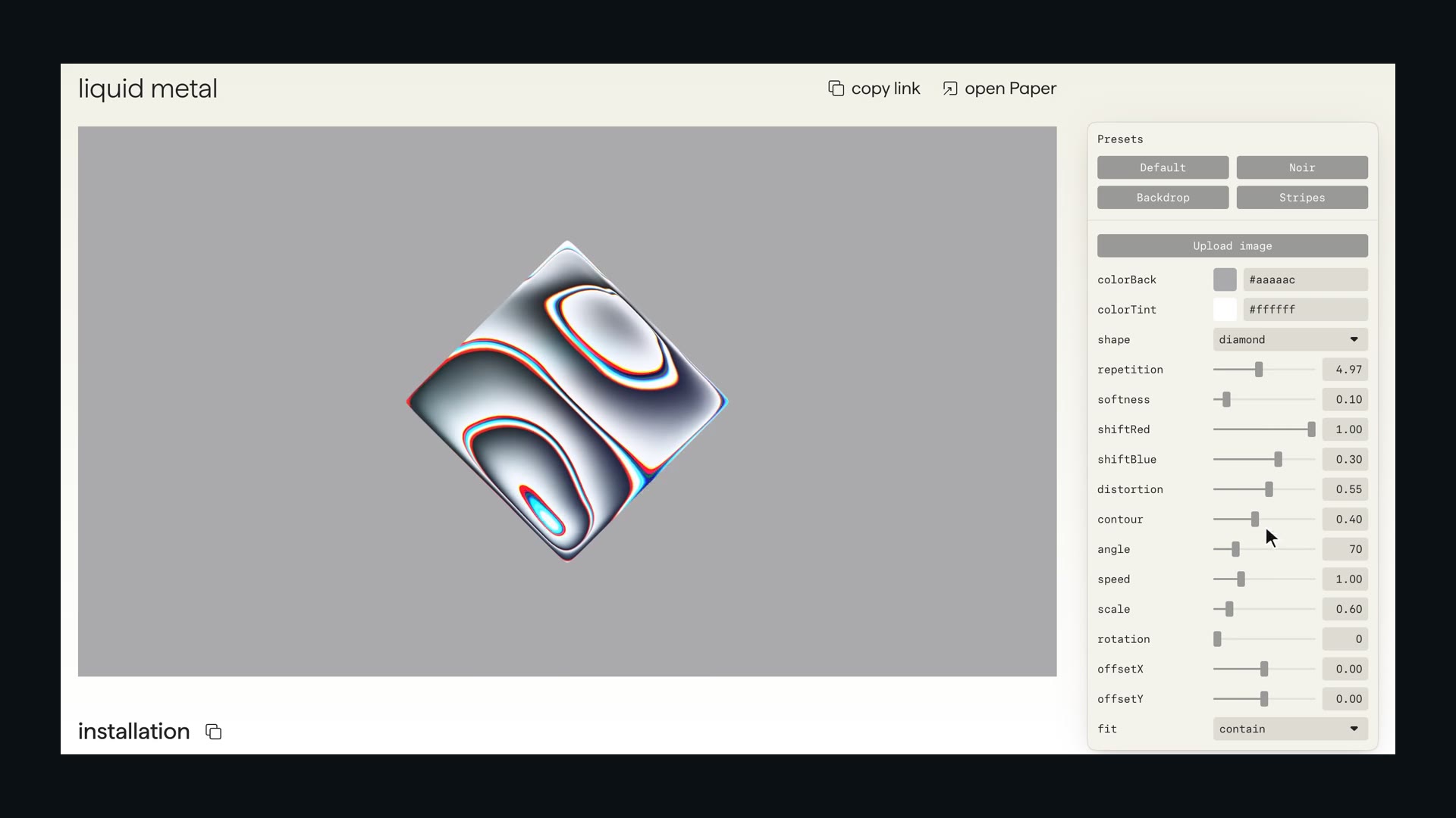 Liquid Metal in the Paper playground with its settings panel