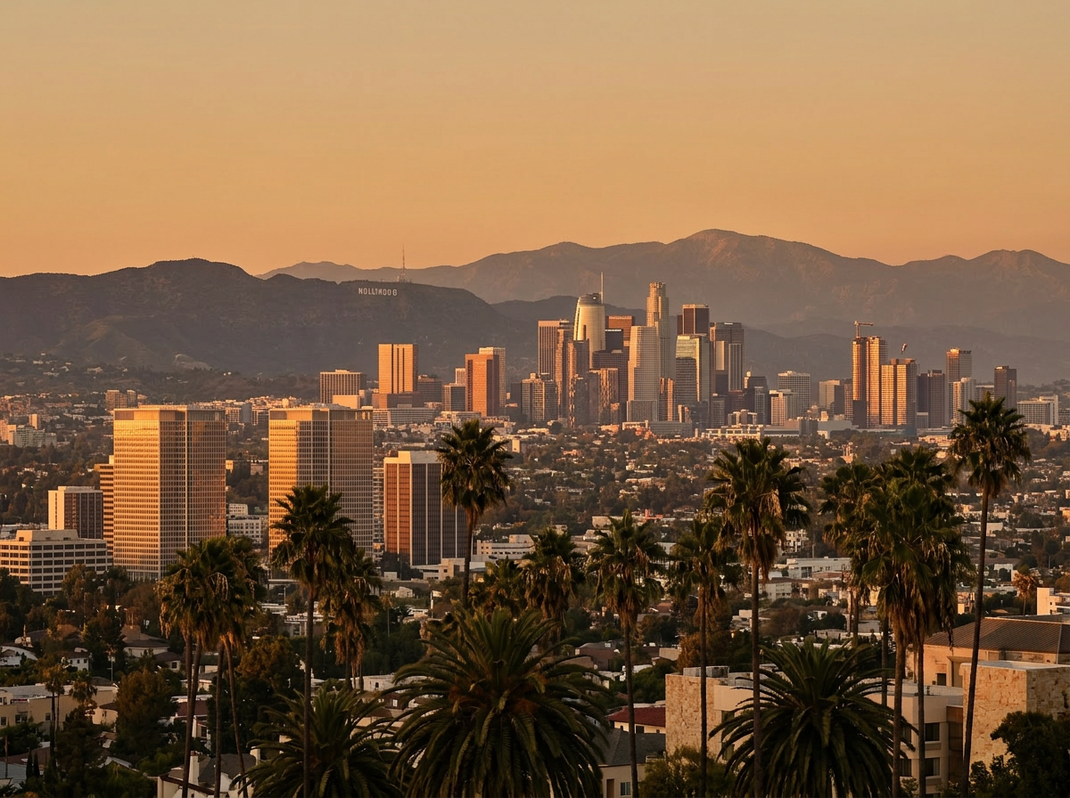 Golden-hour view of the Los Angeles business skyline with downtown office towers and palm trees