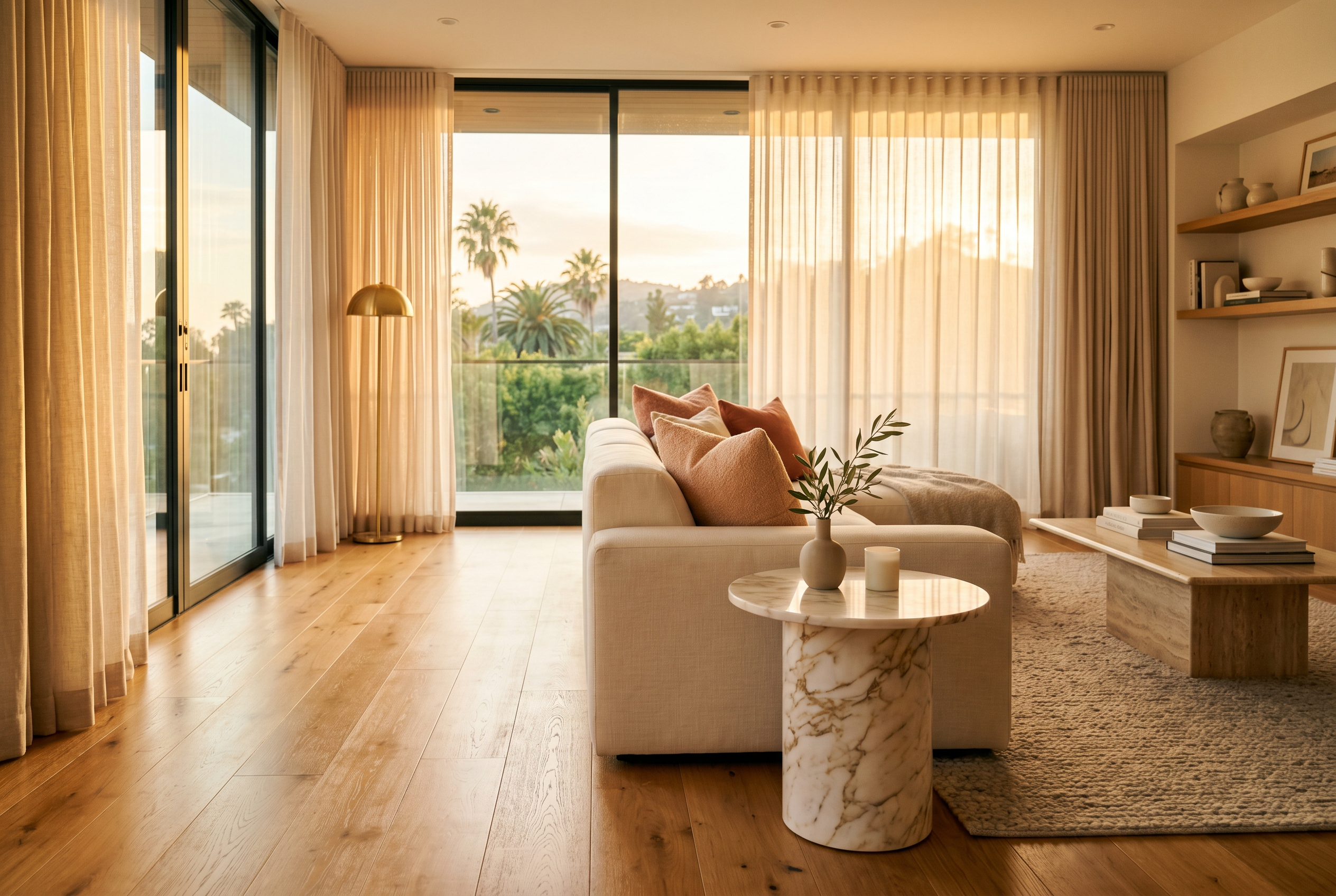 A freshly deep-cleaned luxury Los Angeles living room at golden hour — gleaming oak floors, a spotless cream sofa with terracotta pillows, and a clean marble side table
