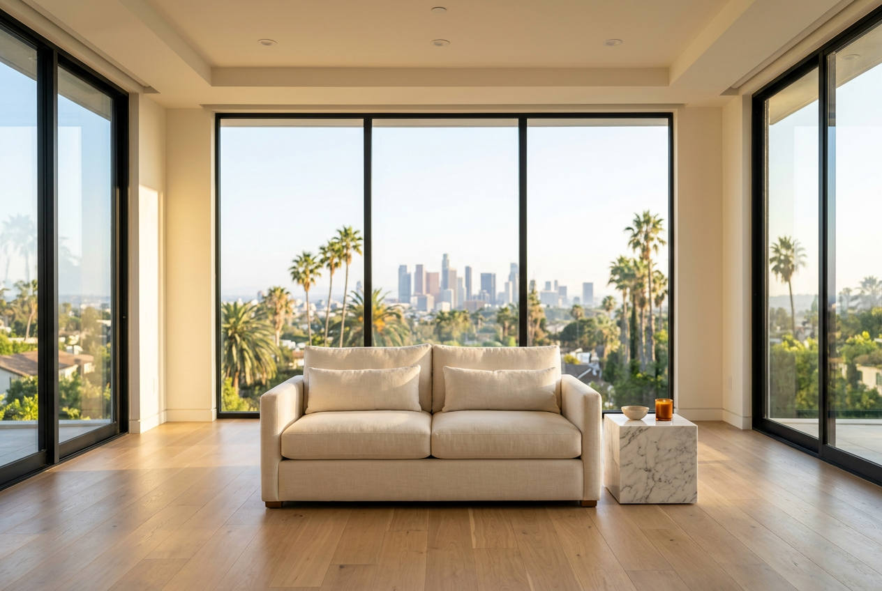 Sunlit, freshly cleaned modern Los Angeles condo living space with a city view
