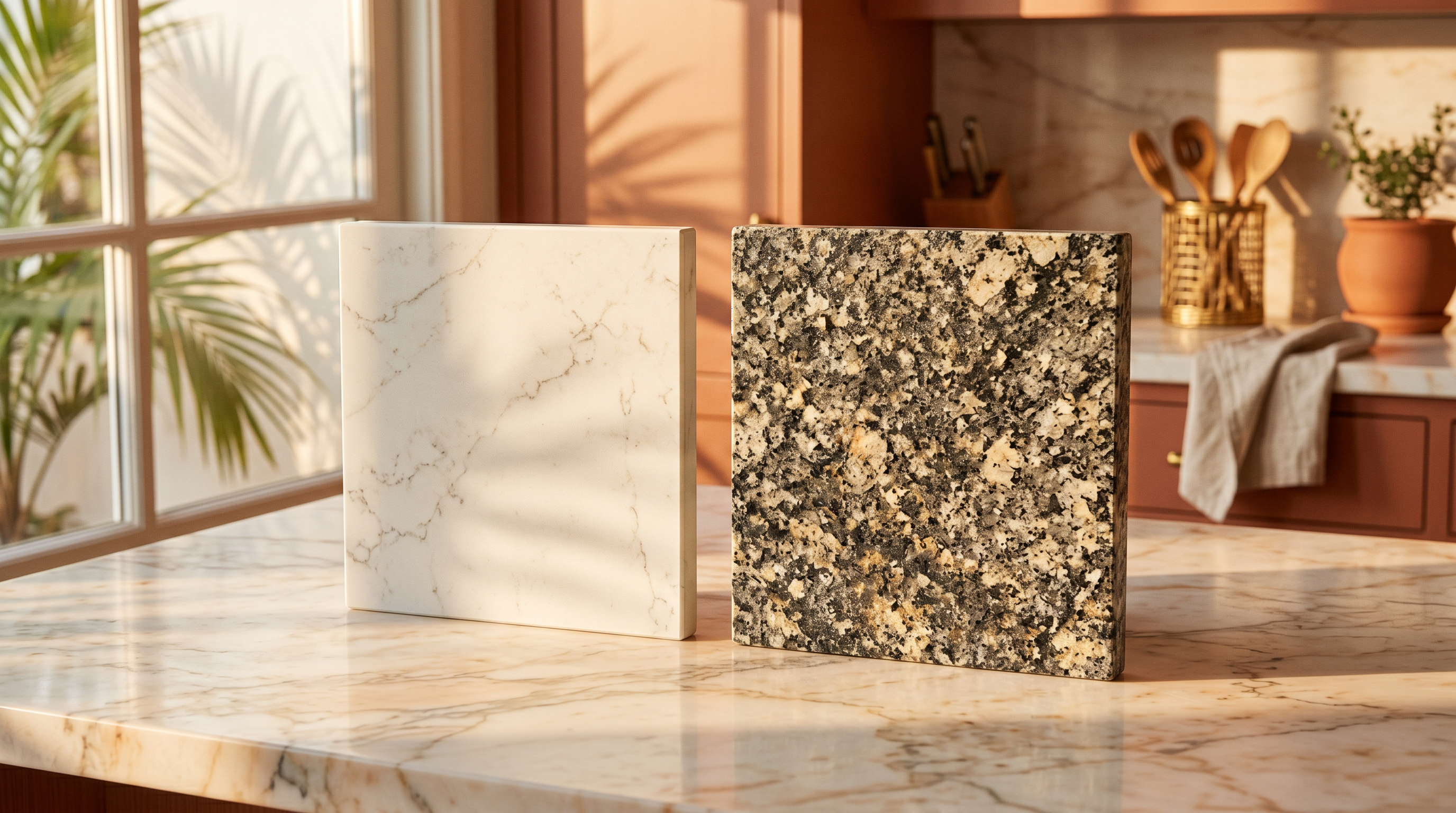 A white engineered quartz countertop sample beside a speckled natural granite sample on a sunlit Los Angeles kitchen island
